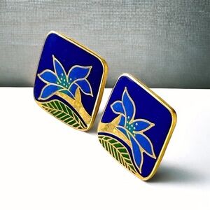 Laurel Burch Vintage ‘Wild Lily’ Cobalt Blue Cloisonné Stud Earrings 1980s